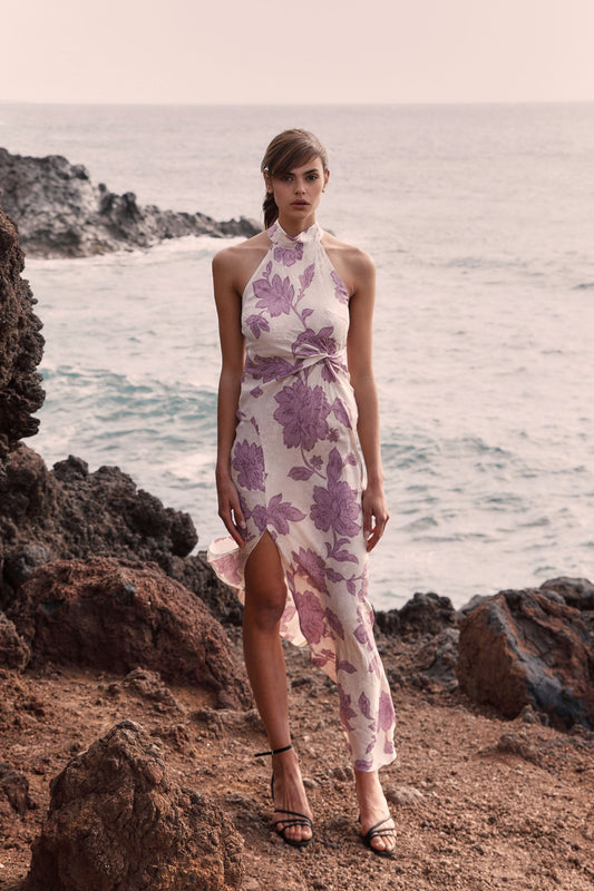 Abito lungo in jacquard floreale